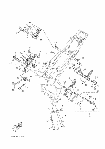 [20PF746100] 21 ou 19 Apoio para os pés do piloto direito YZF R 125 Ph3 / MT 125 Ph2